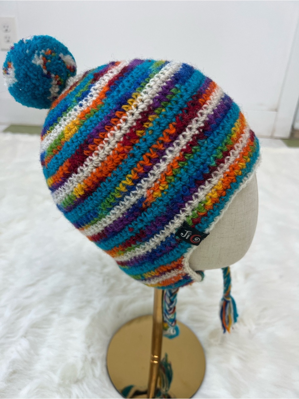 Handmade 100% wool Multicolor Knit Earflap Hat made in Nepal unisex